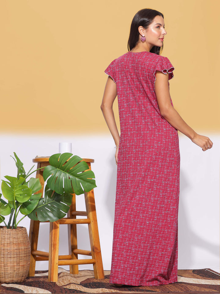 Red Hosiery Cotton Designer Maxi Nighties for Women
