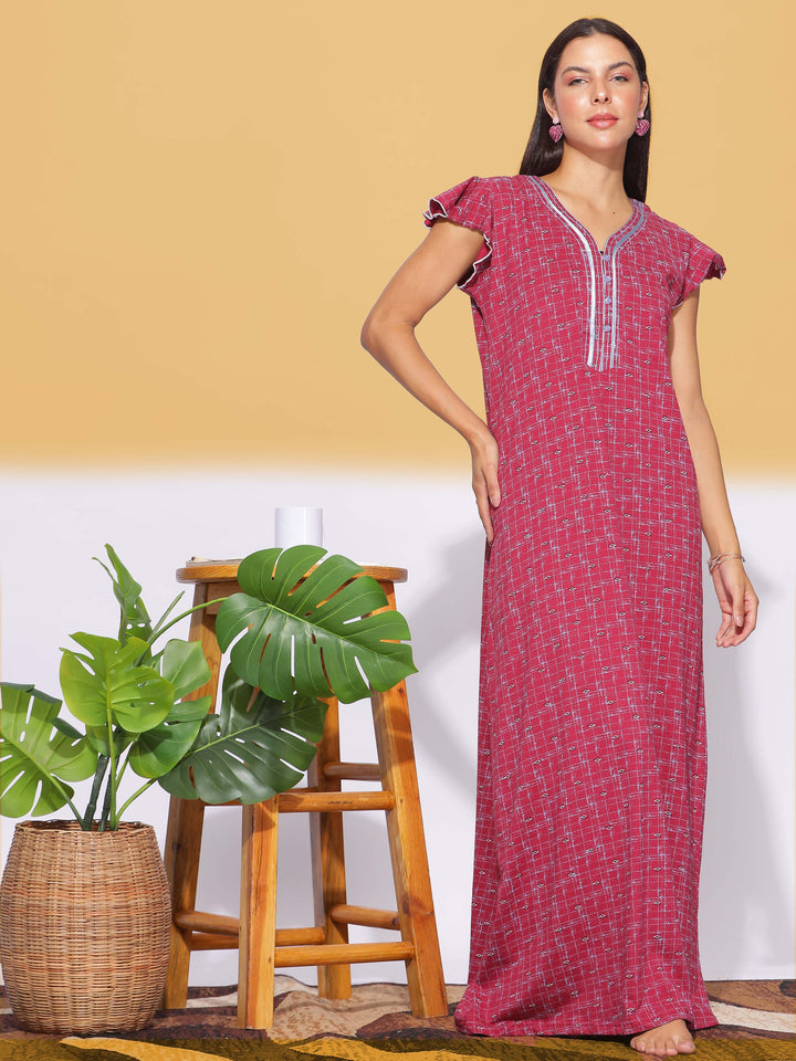 Red Hosiery Cotton Designer Maxi Nighties for Women