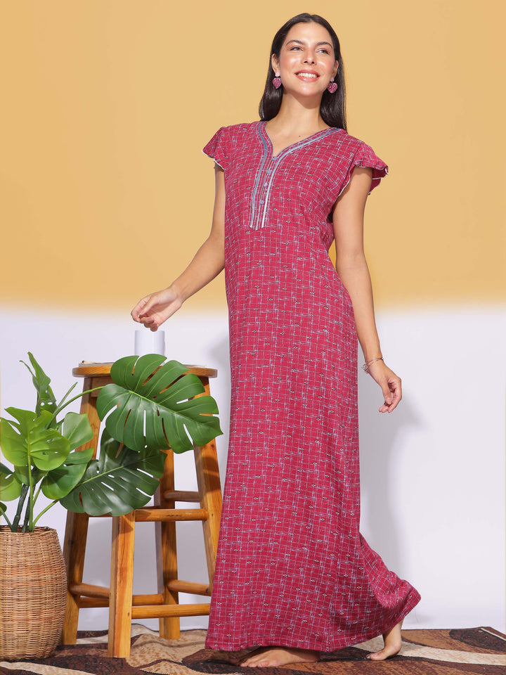 Red Hosiery Cotton Designer Maxi Nighties for Women