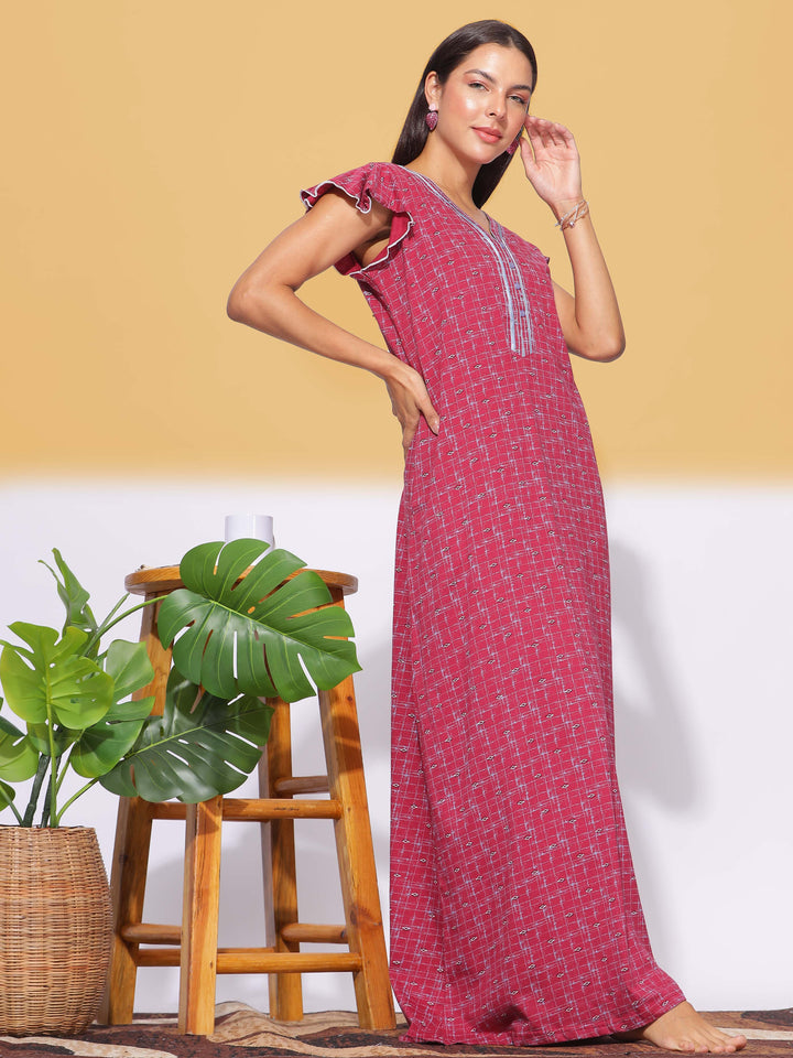 Red Hosiery Cotton Designer Maxi Nighties for Women