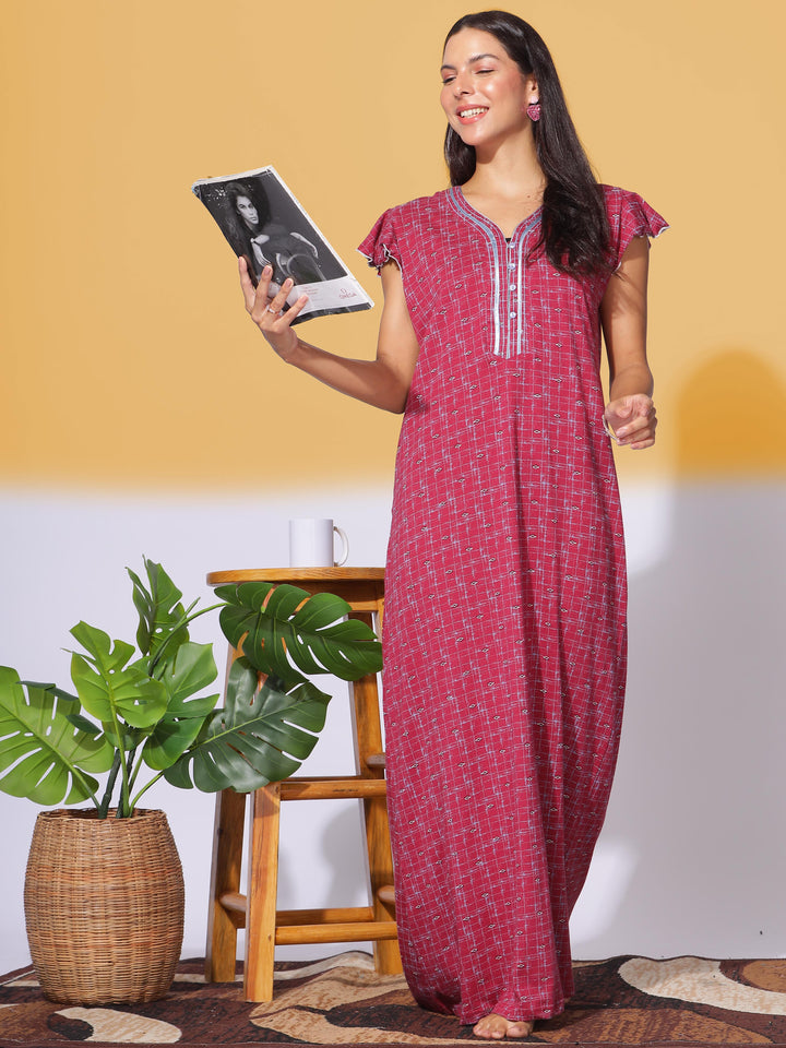 Red Hosiery Cotton Designer Maxi Nighties for Women