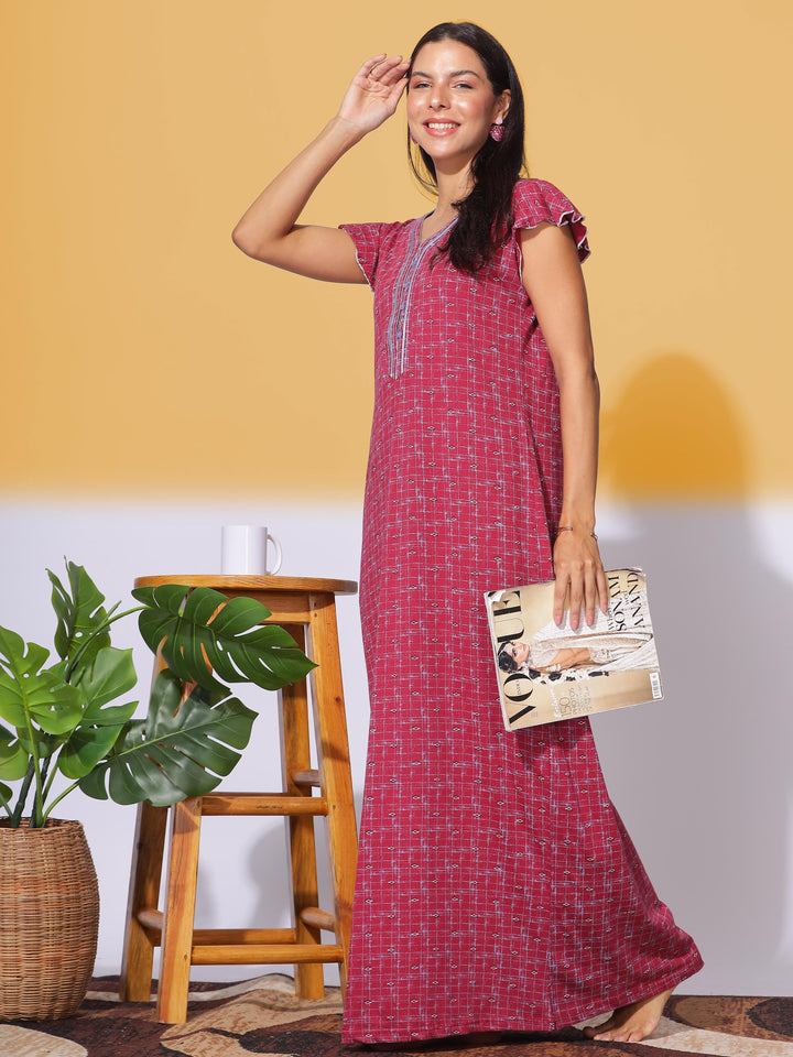 Red Hosiery Cotton Designer Maxi Nighties for Women