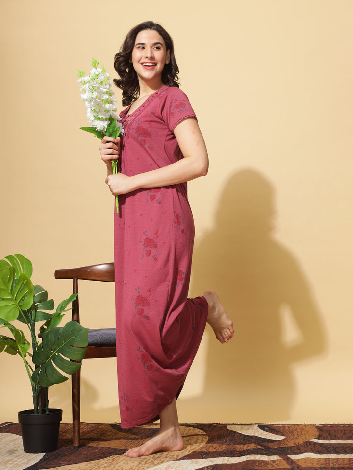 Designer Cotton Blend Ruby Maxi Nighty For Women