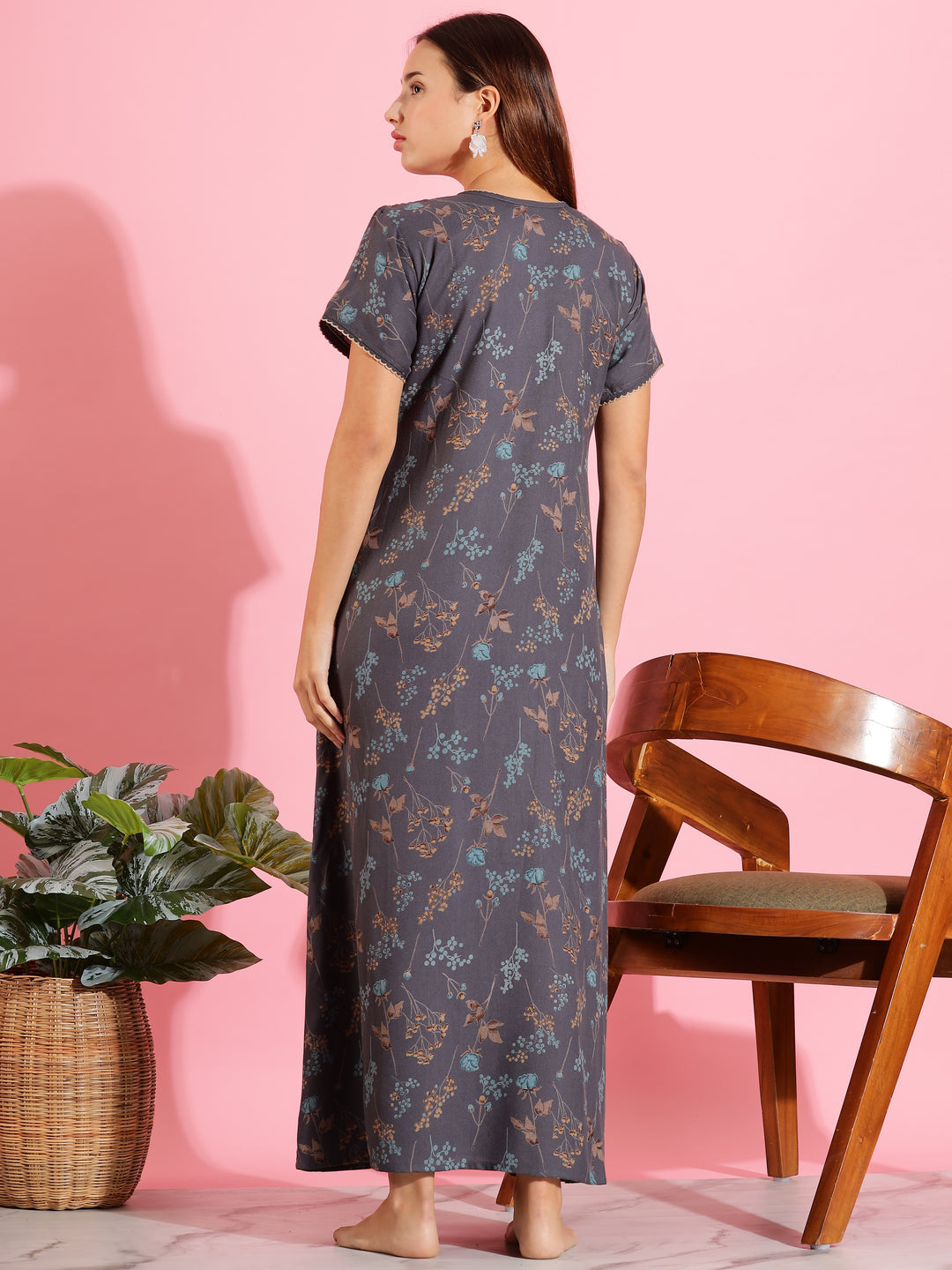 Elegant Deep Grey Maxi Nighty For Women
