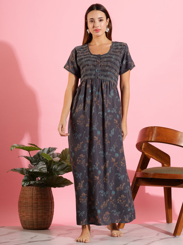 Elegant Deep Grey Maxi Nighty For Women