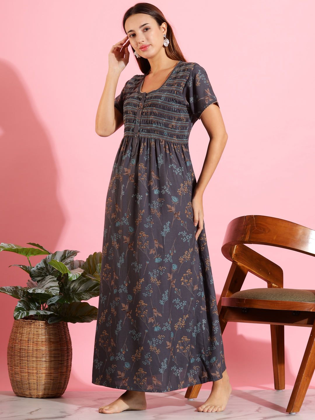 Elegant Deep Grey Maxi Nighty For Women