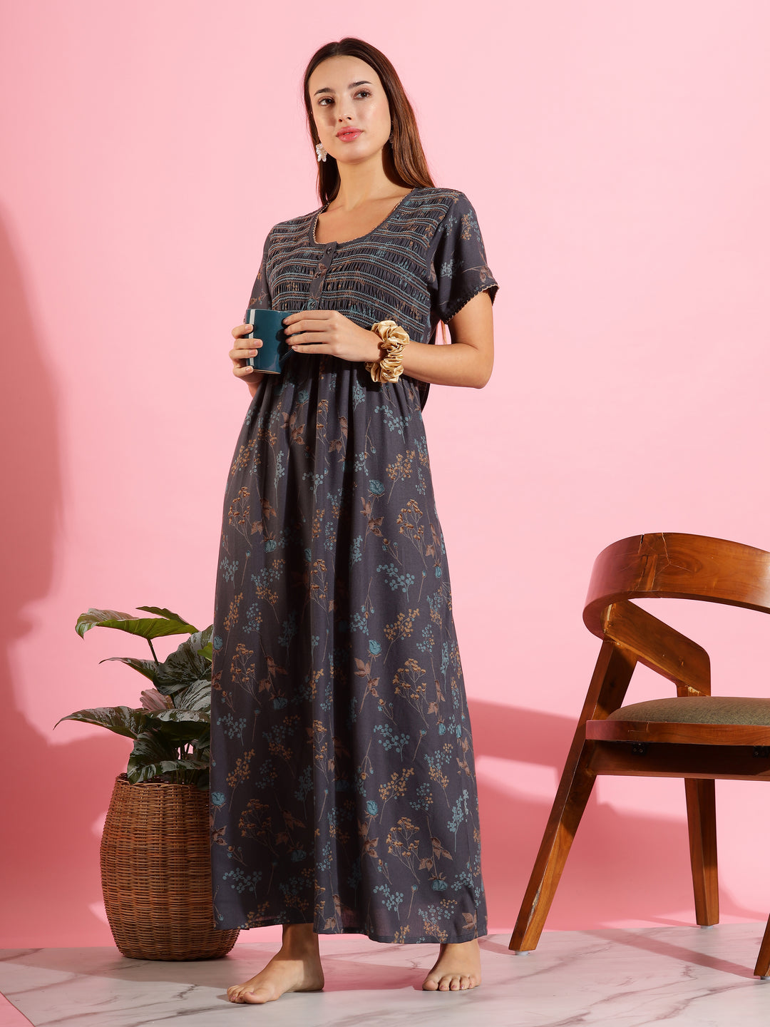 Elegant Deep Grey Maxi Nighty For Women