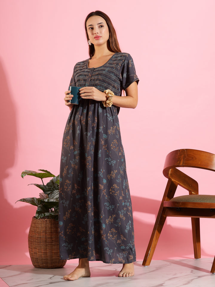 Elegant Deep Grey Maxi Nighty For Women