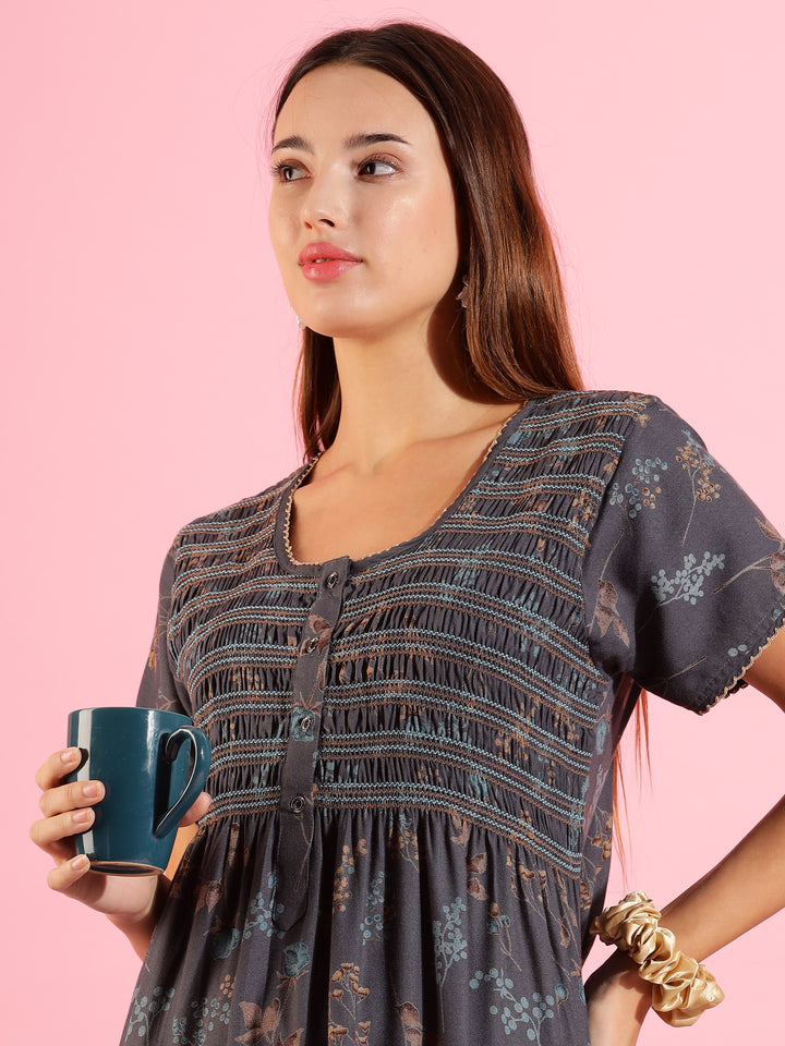 Elegant Deep Grey Maxi Nighty For Women