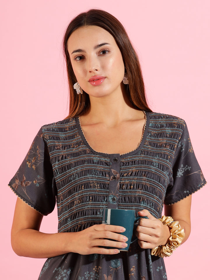 Elegant Deep Grey Maxi Nighty For Women