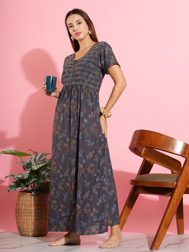 Elegant Deep Grey Maxi Nighty For Women