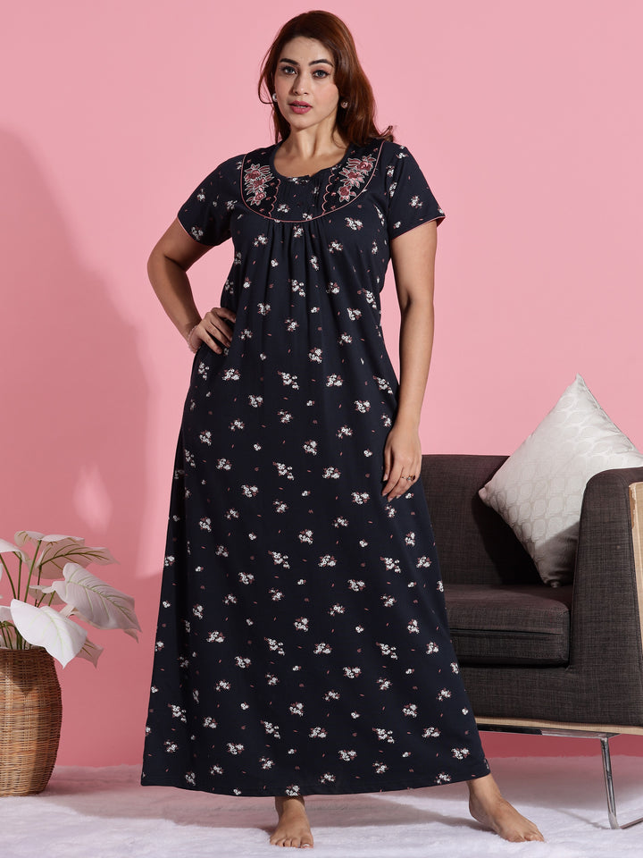 Hosiery Cotton Navy Blue Floral Embroidered Nighty for Women