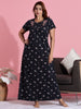 Hosiery Cotton Navy Blue Floral Embroidered Nighty for Women