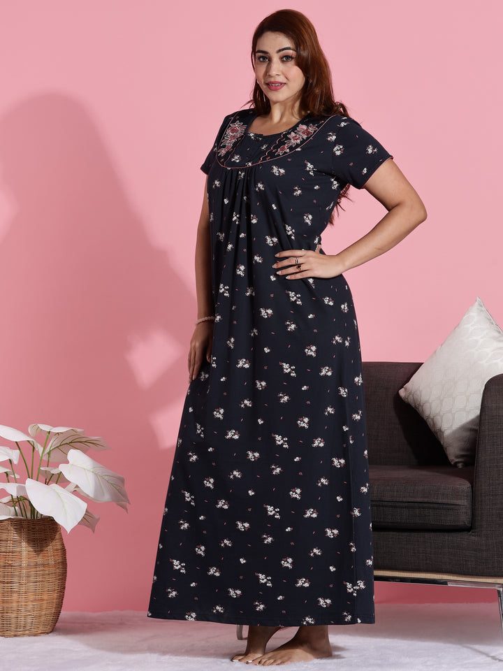 Hosiery Cotton Navy Blue Floral Embroidered Nighty for Women