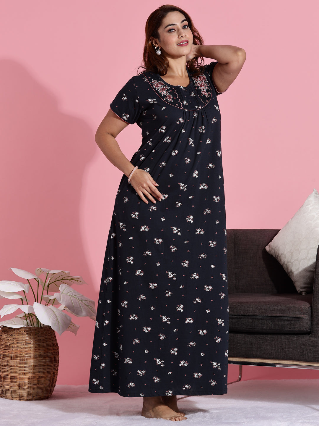 Hosiery Cotton Navy Blue Floral Embroidered Nighty for Women