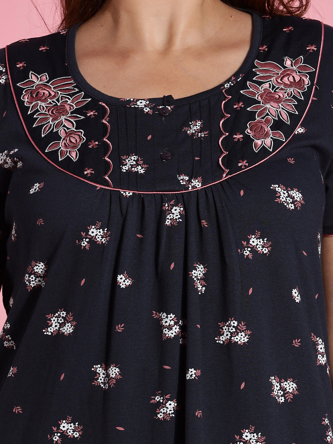 Hosiery Cotton Navy Blue Floral Embroidered Nighty for Women