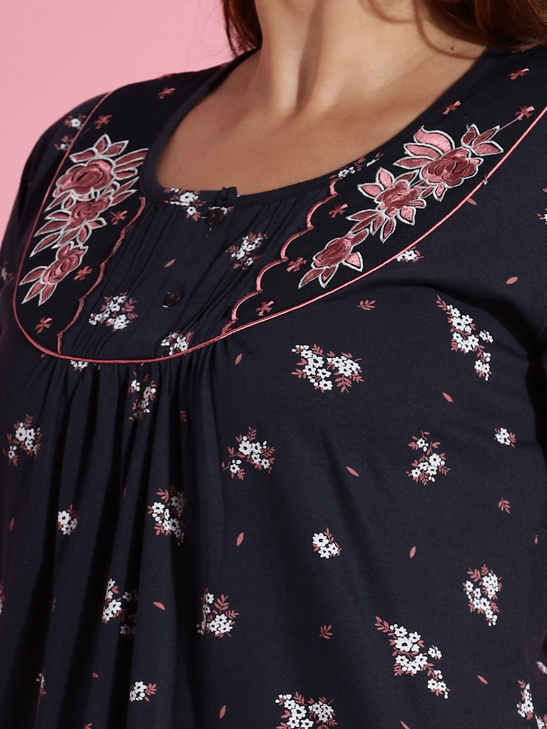 Hosiery Cotton Navy Blue Floral Embroidered Nighty for Women