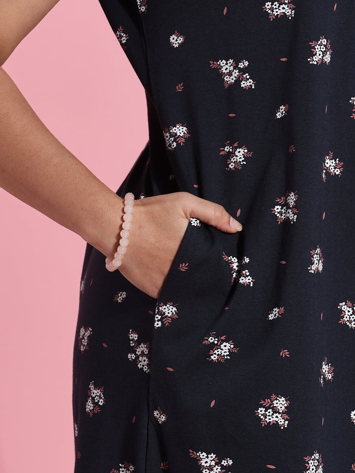 Hosiery Cotton Navy Blue Floral Embroidered Nighty for Women