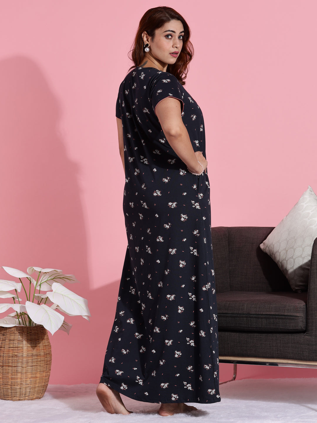 Hosiery Cotton Navy Blue Floral Embroidered Nighty for Women