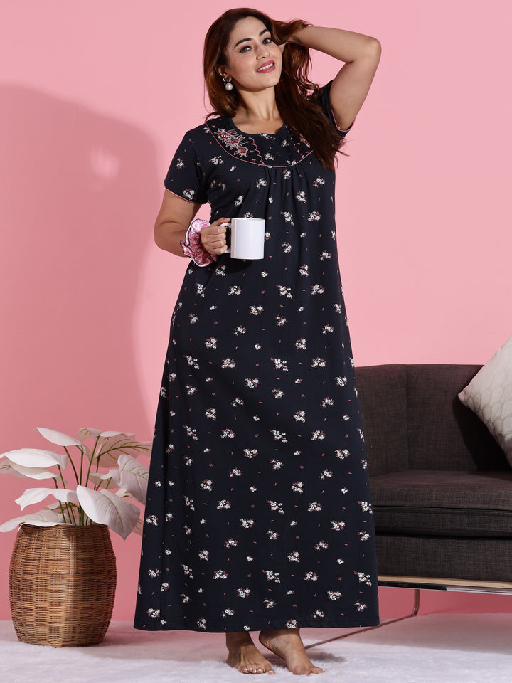 Hosiery Cotton Navy Blue Floral Embroidered Nighty for Women