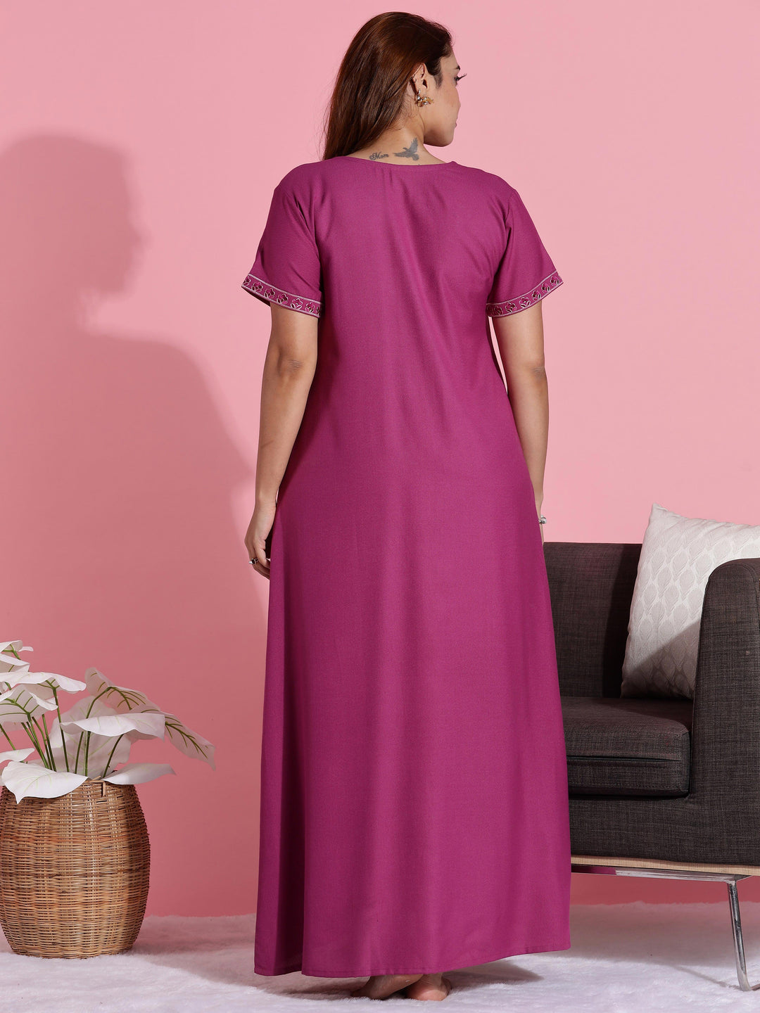 Rose Embroidered Premium Pink Nighty for Women