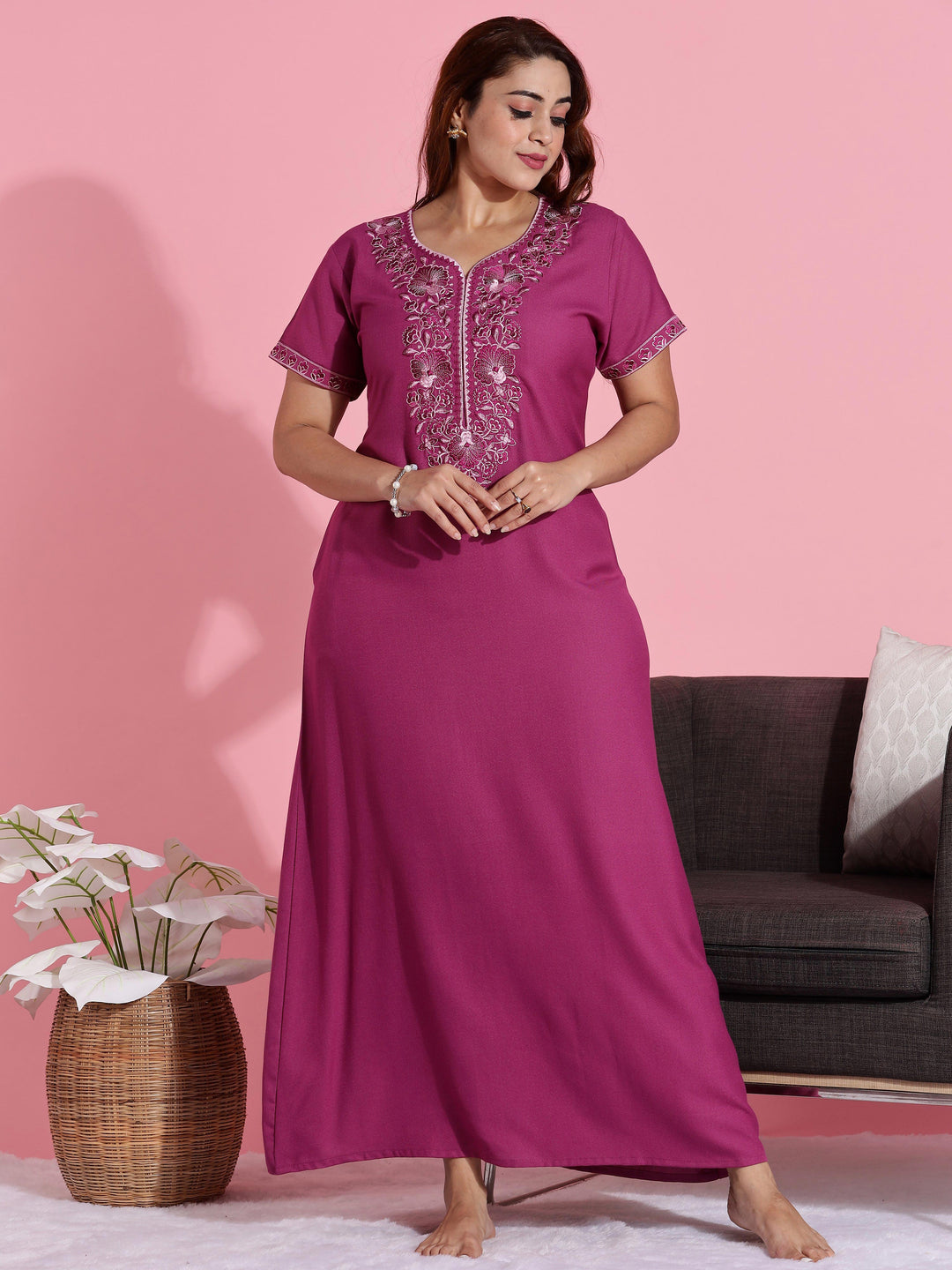 Rose Embroidered Premium Pink Nighty for Women