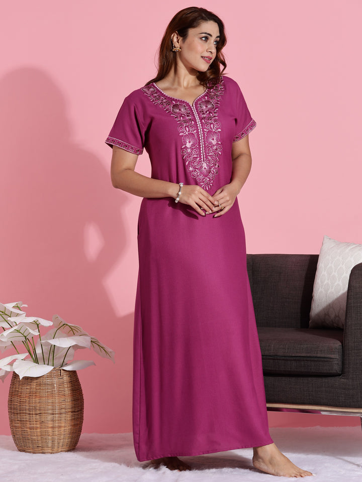 Rose Embroidered Premium Pink Nighty for Women