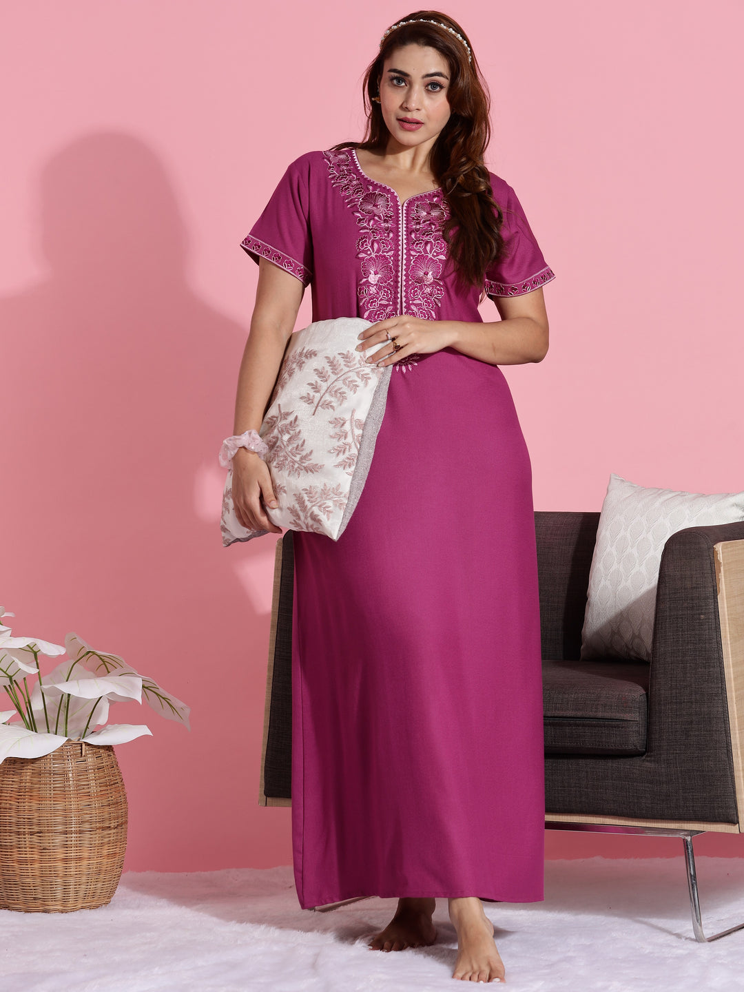 Rose Embroidered Premium Pink Nighty for Women