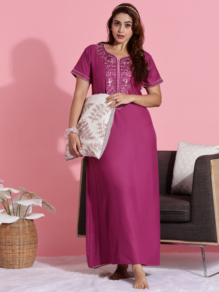 Rose Embroidered Premium Pink Nighty for Women