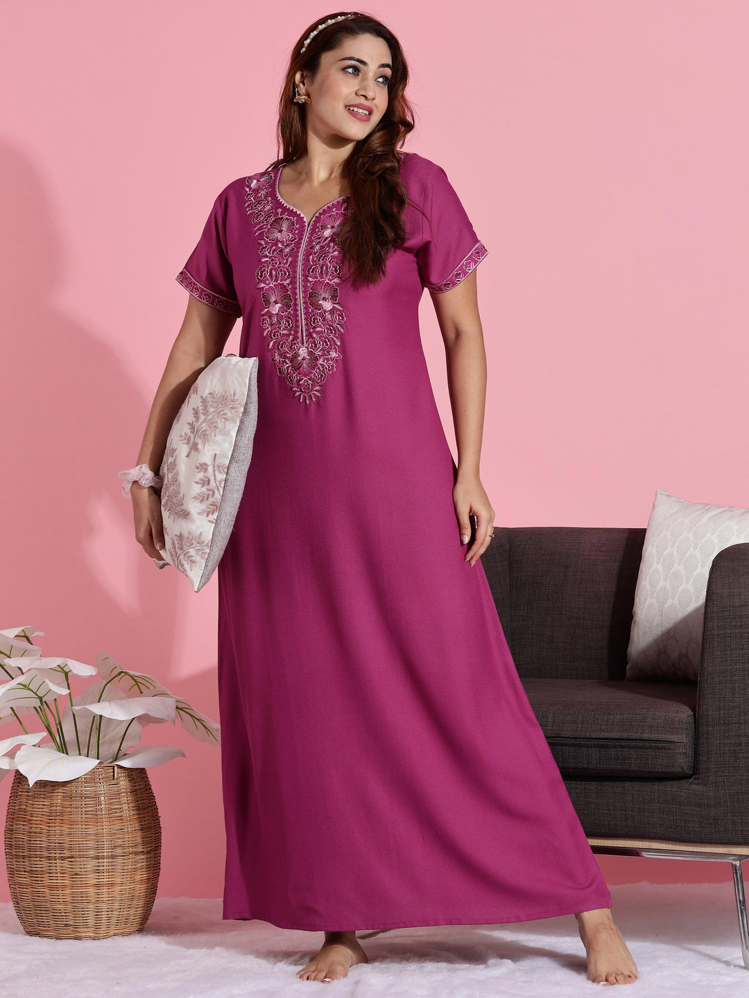 Rose Embroidered Premium Pink Nighty for Women