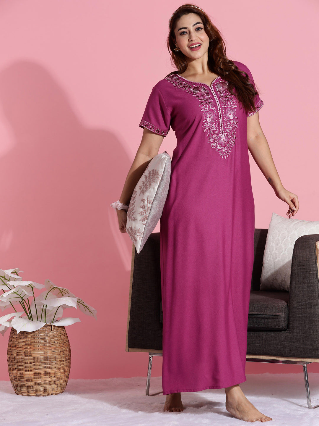 Rose Embroidered Premium Pink Nighty for Women