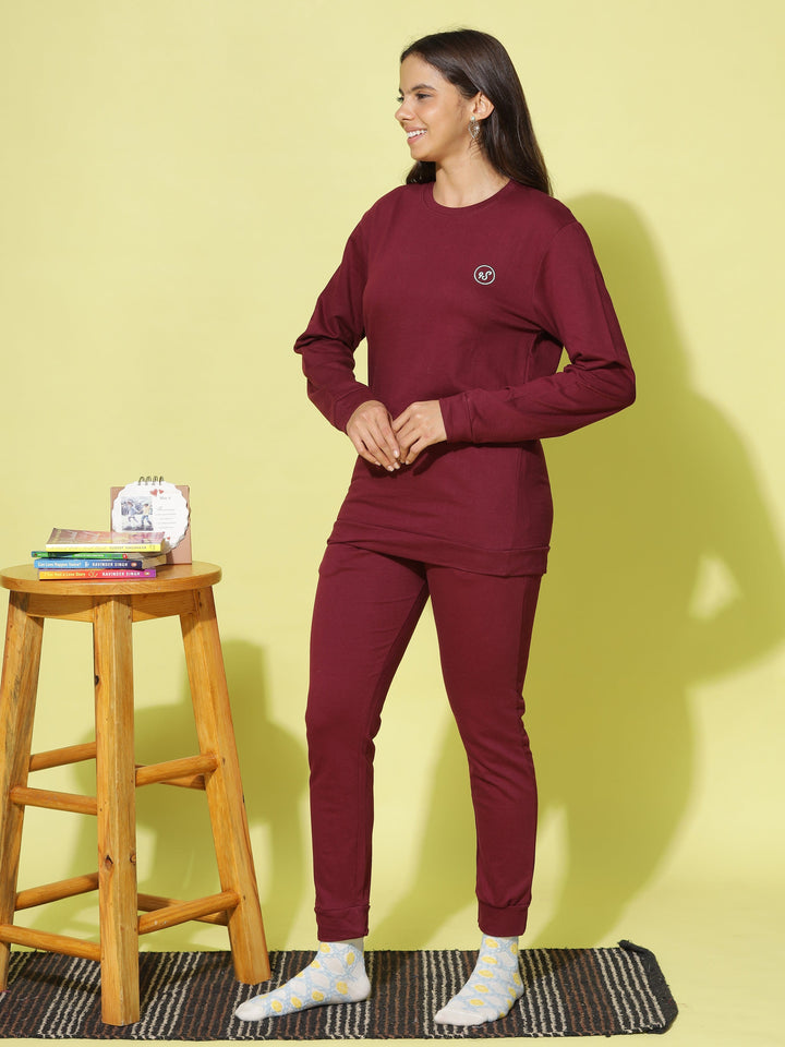 Chic Maroon Cotton Winter Tracksuits For Women