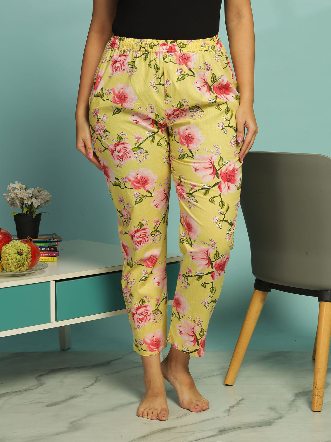Yellow Soft Cotton Floral Womens Pyjama Set