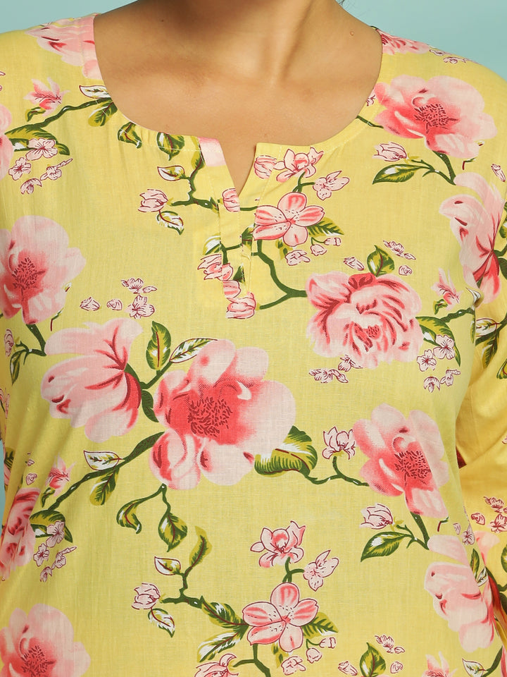 Yellow Soft Cotton Floral Womens Pyjama Set