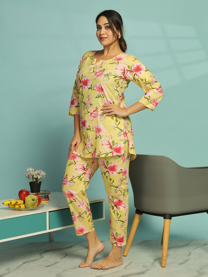 Yellow Soft Cotton Floral Womens Pyjama Set