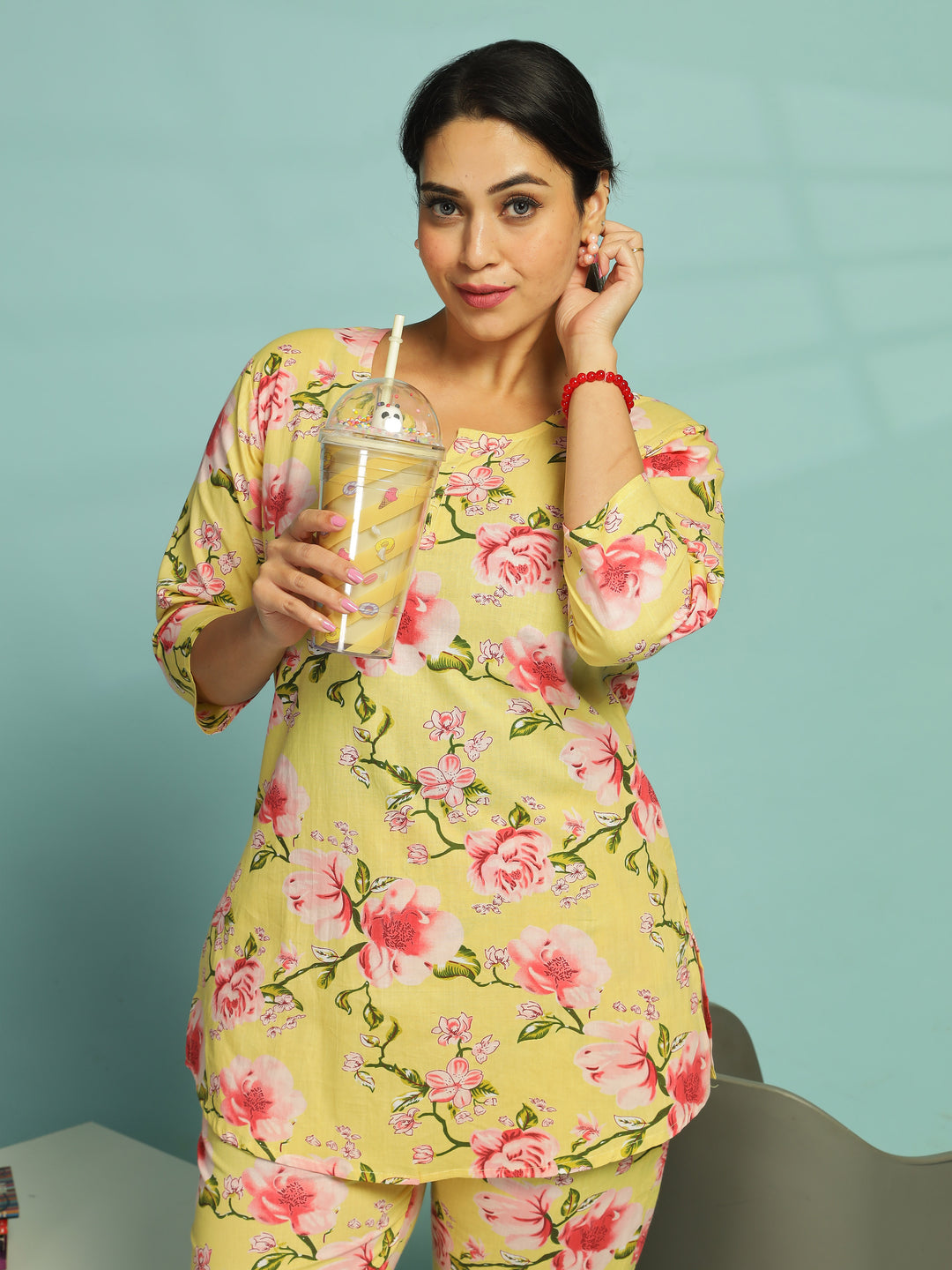 Yellow Soft Cotton Floral Womens Pyjama Set