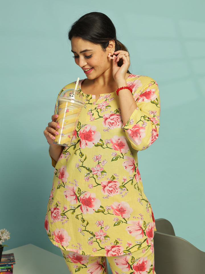 Yellow Soft Cotton Floral Womens Pyjama Set