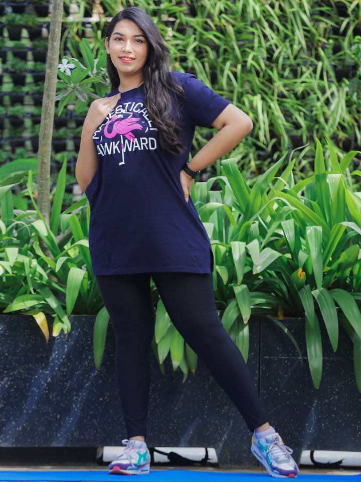Premium Dark Blue Printed Long T-Shirt for Women