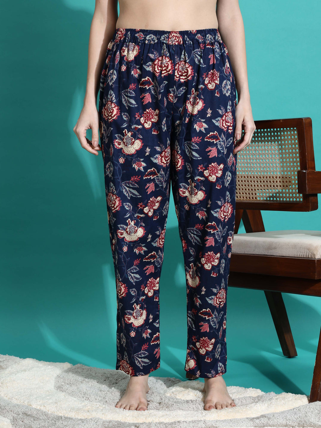 Chic Navy Blue Floral Cotton Pajama Set for Women