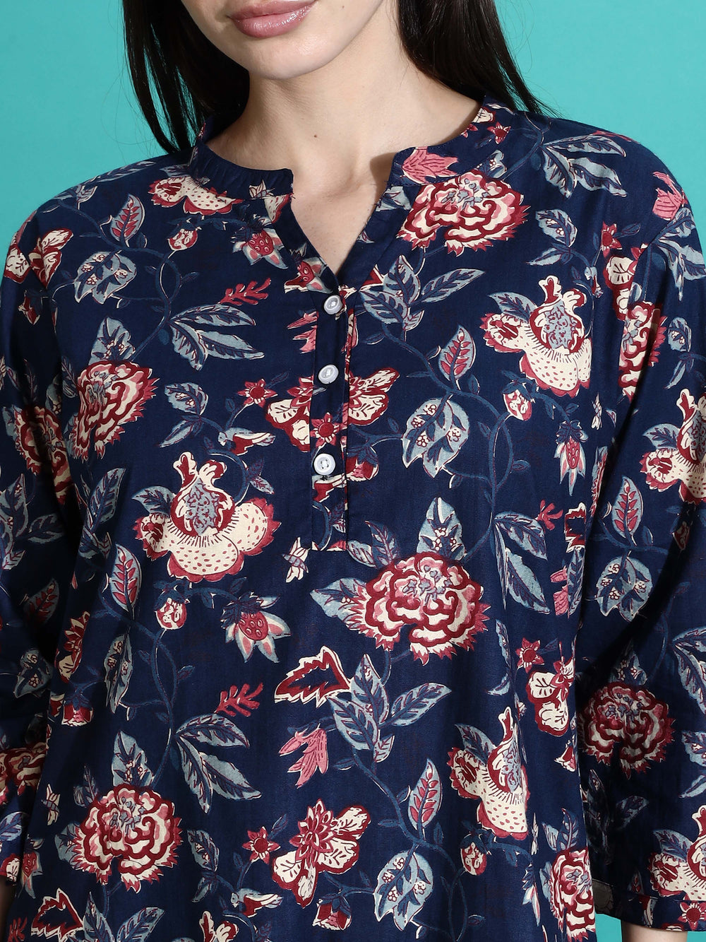 Chic Navy Blue Floral Cotton Pajama Set for Women