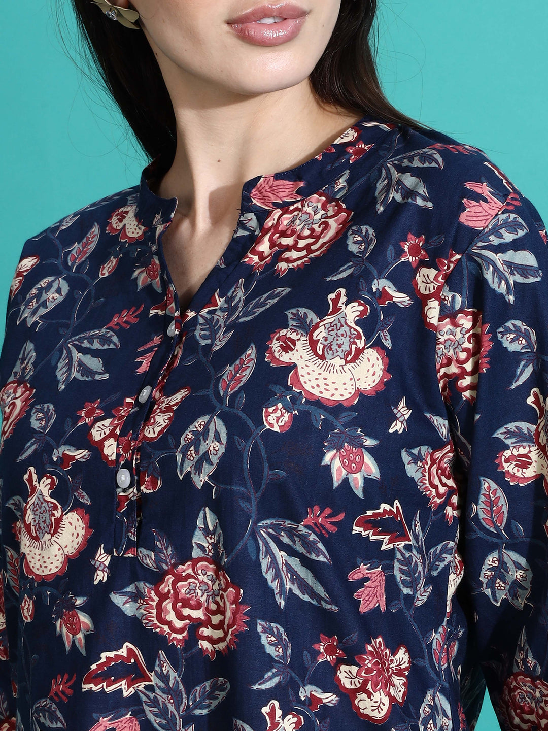 Chic Navy Blue Floral Cotton Pajama Set for Women