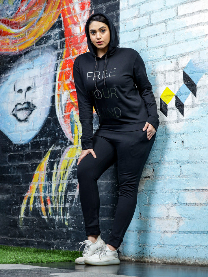 Chic Winter Black Cotton Track Suit For Women