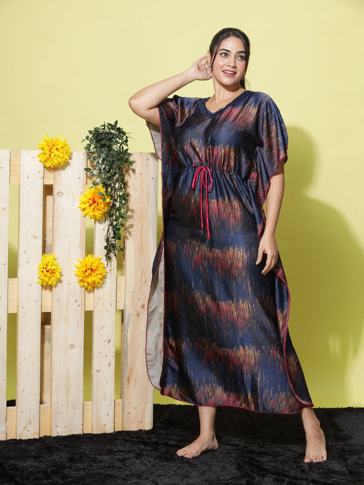 Navy Blue Satin Kaftan Dress for Women