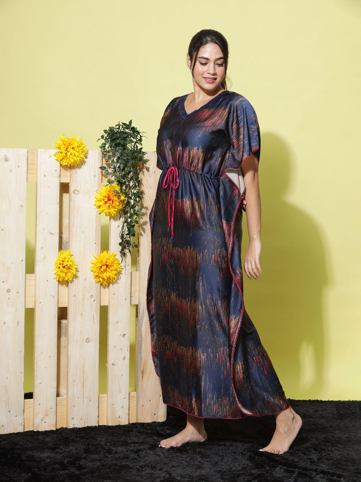 Navy Blue Satin Kaftan Dress for Women
