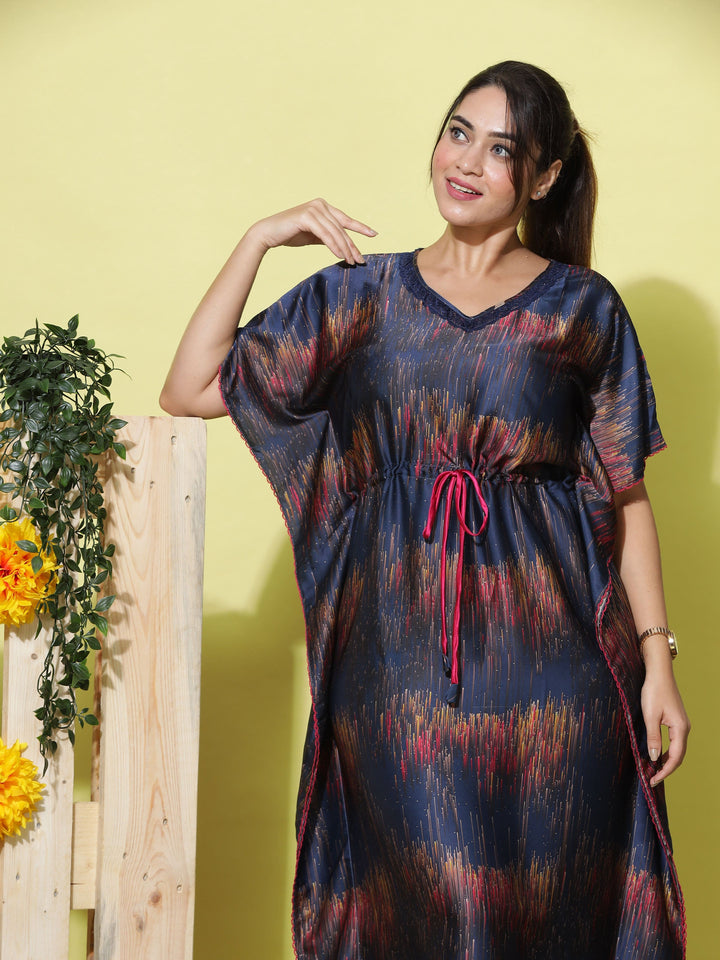 Navy Blue Satin Kaftan Dress for Women