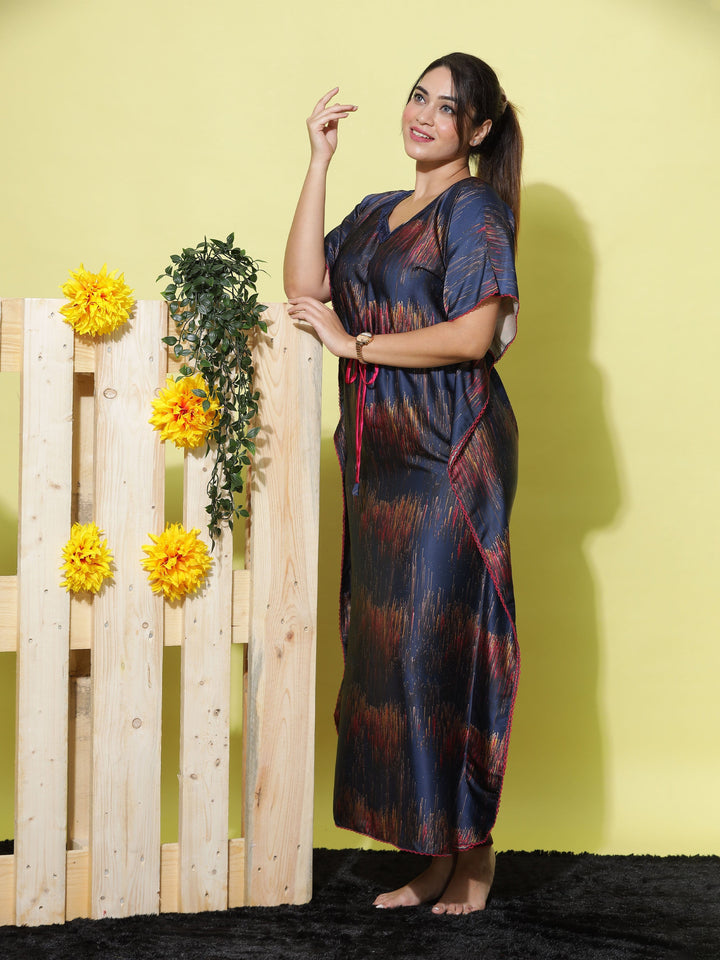 Navy Blue Satin Kaftan Dress for Women
