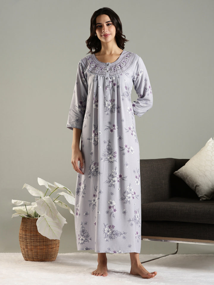 Lavender Blush Alpine Embroidered Floral Nighty with Pocket