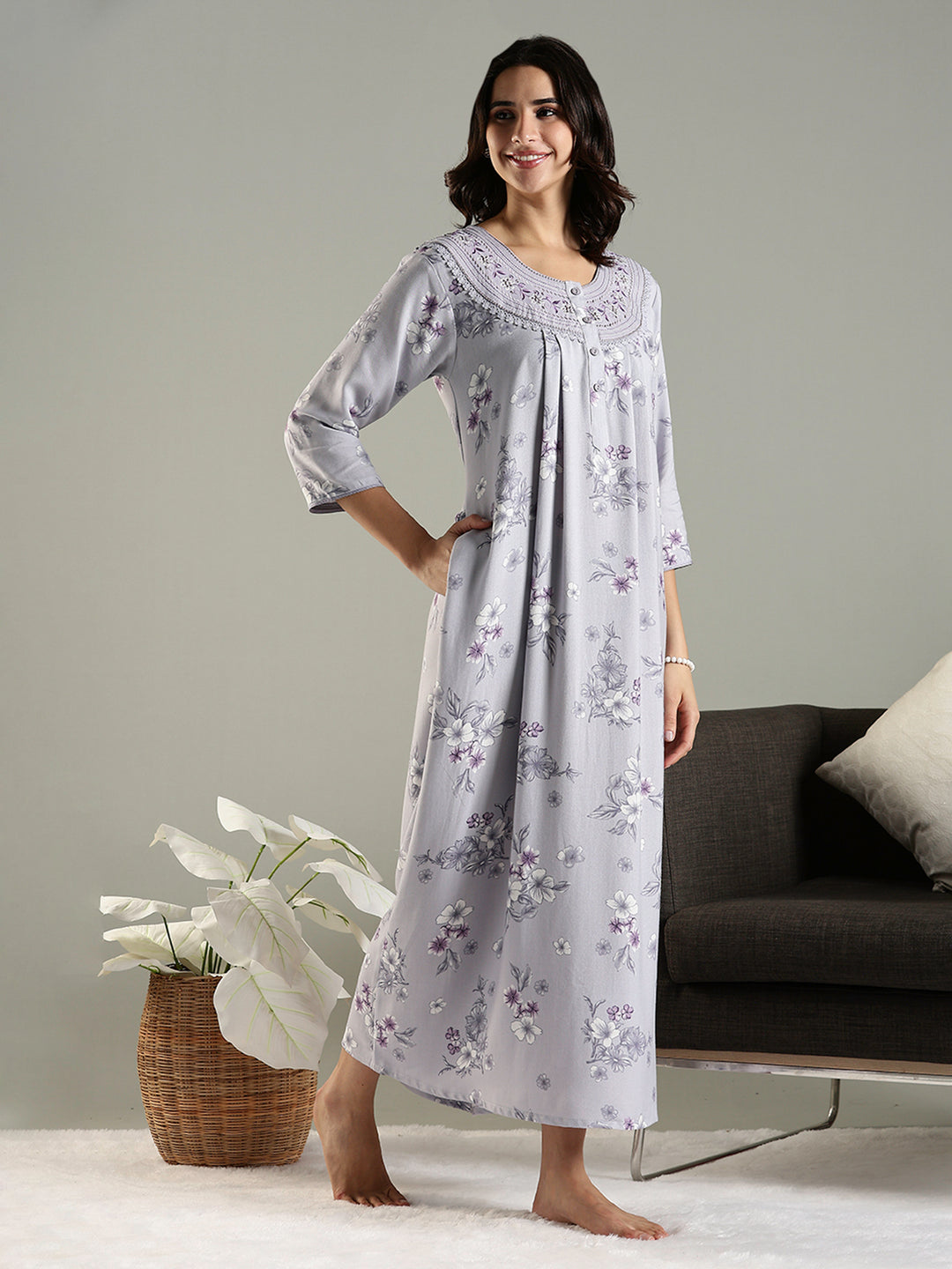 Lavender Blush Alpine Embroidered Floral Nighty with Pocket