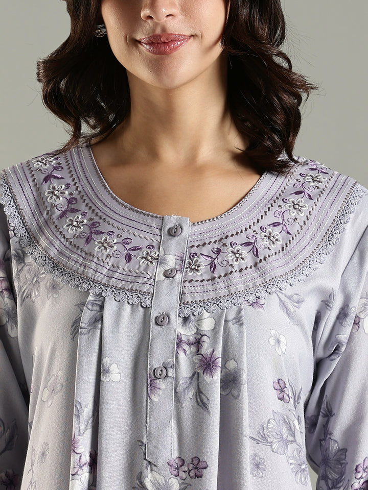 Lavender Blush Alpine Embroidered Floral Nighty with Pocket