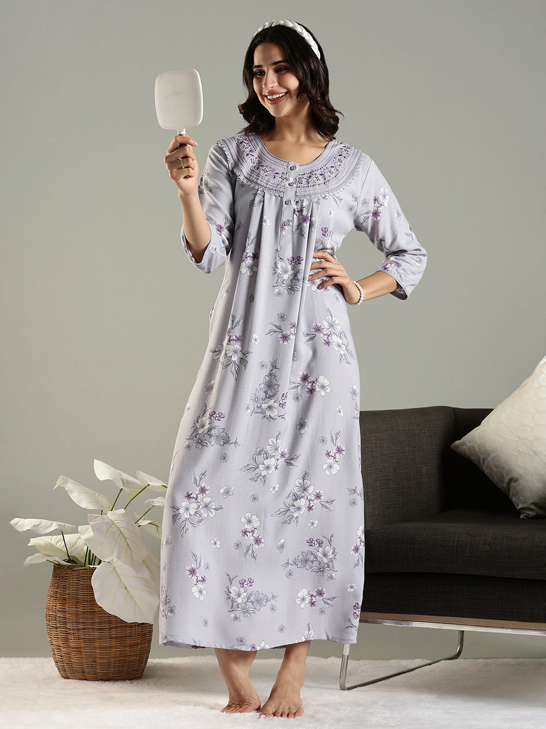 Lavender Blush Alpine Embroidered Floral Nighty with Pocket
